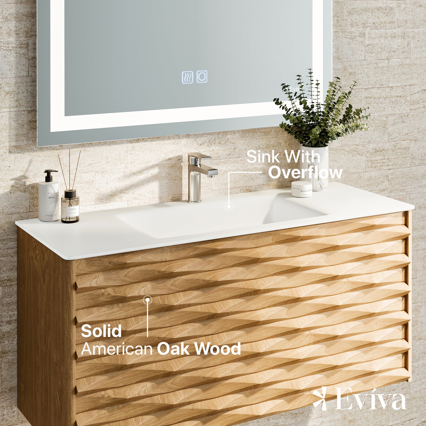 Eviva Oahu 32" Wall Mount Solid Oak Vanity with Solid Surface Integrated Sink