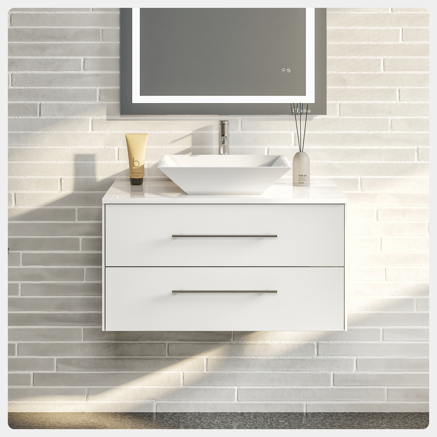 Totti Wave 30" White Modern Bathroom Vanity w/ Super White Man-Made Stone Top & Sink