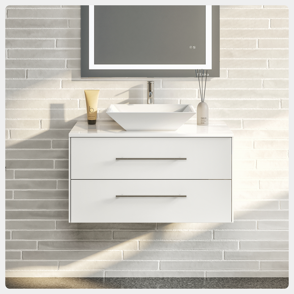 Totti Wave 30 White Modern Bathroom Vanity w/ Super White Man-Made Stone Top & Sink