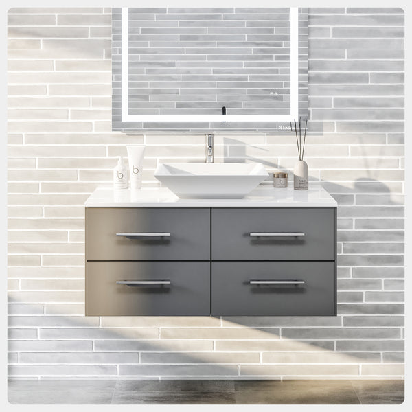 Totti Wave 36 Gray Modern Bathroom Vanity w/ Super White Man-Made Stone Top & Sink