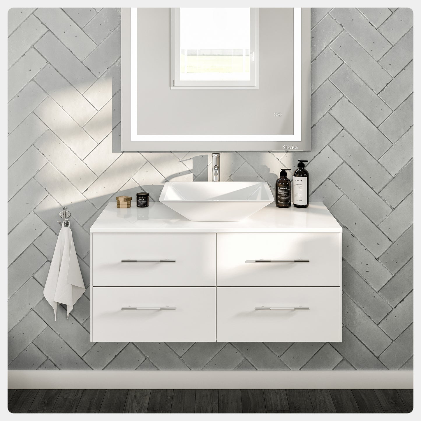 Totti Wave 36" White Modern Bathroom Vanity w/ Super White Man-Made Stone Top & Sink