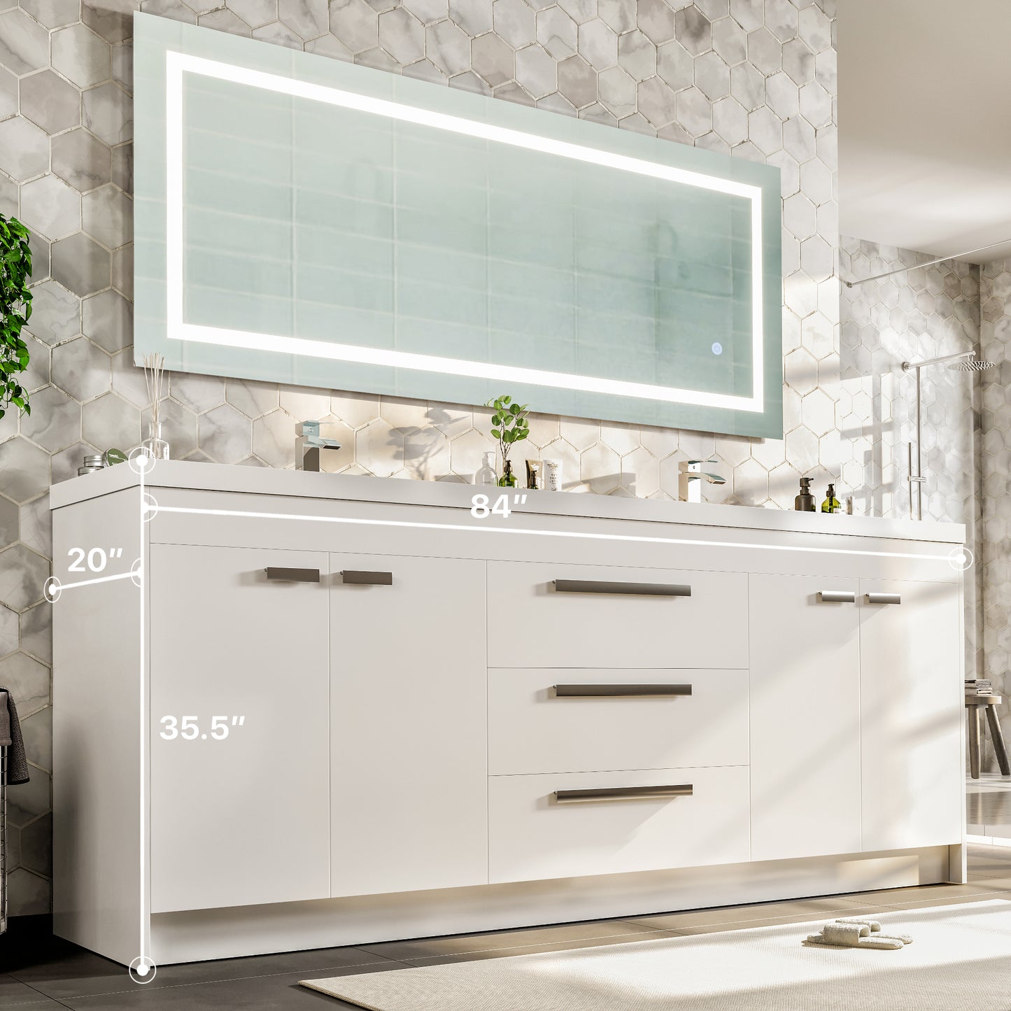 Lugano 84"W x 20"D White Double Sink Bathroom Vanity with White Acrylic Countertop and Integrated Sinks