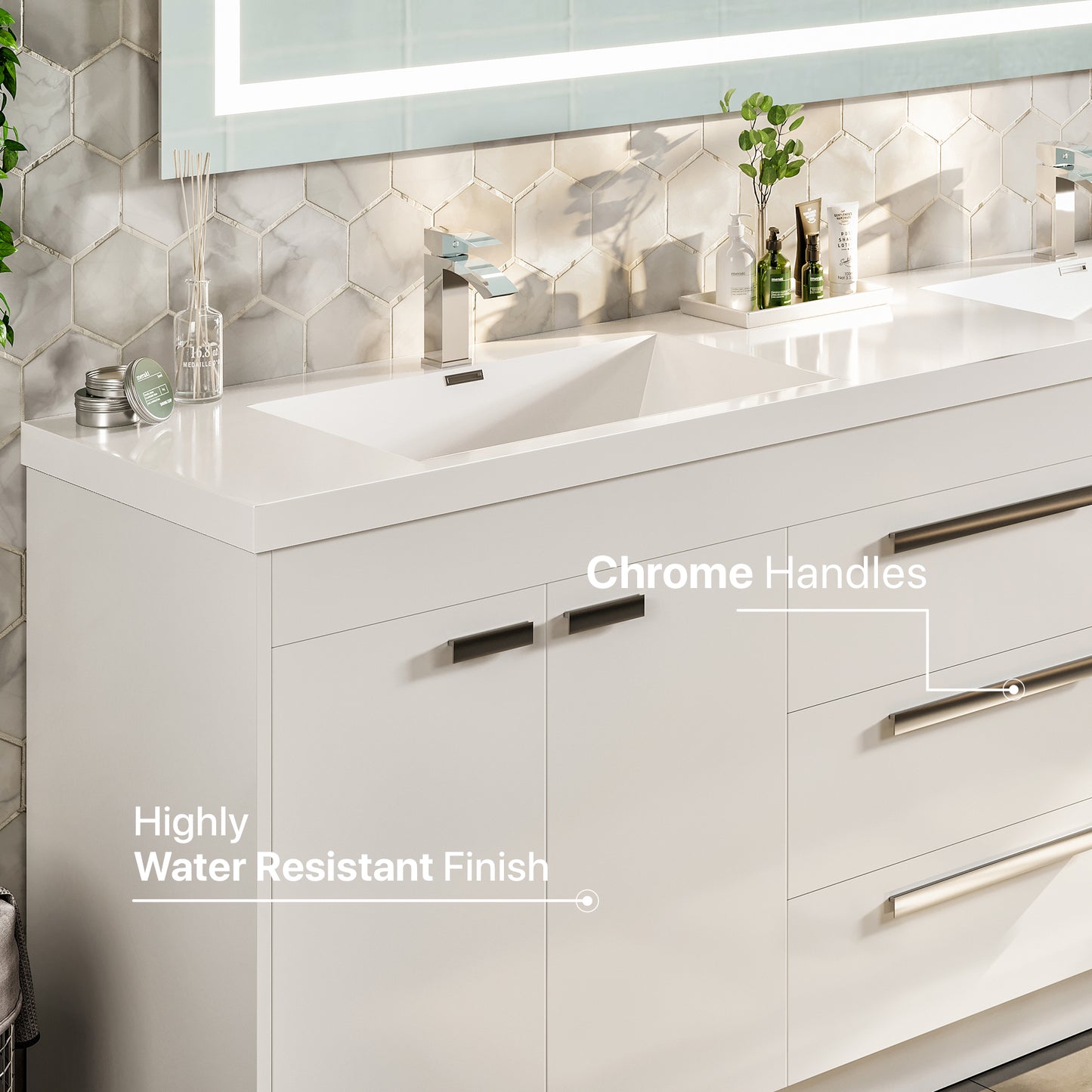 Lugano 84"W x 20"D White Double Sink Bathroom Vanity with White Acrylic Countertop and Integrated Sinks