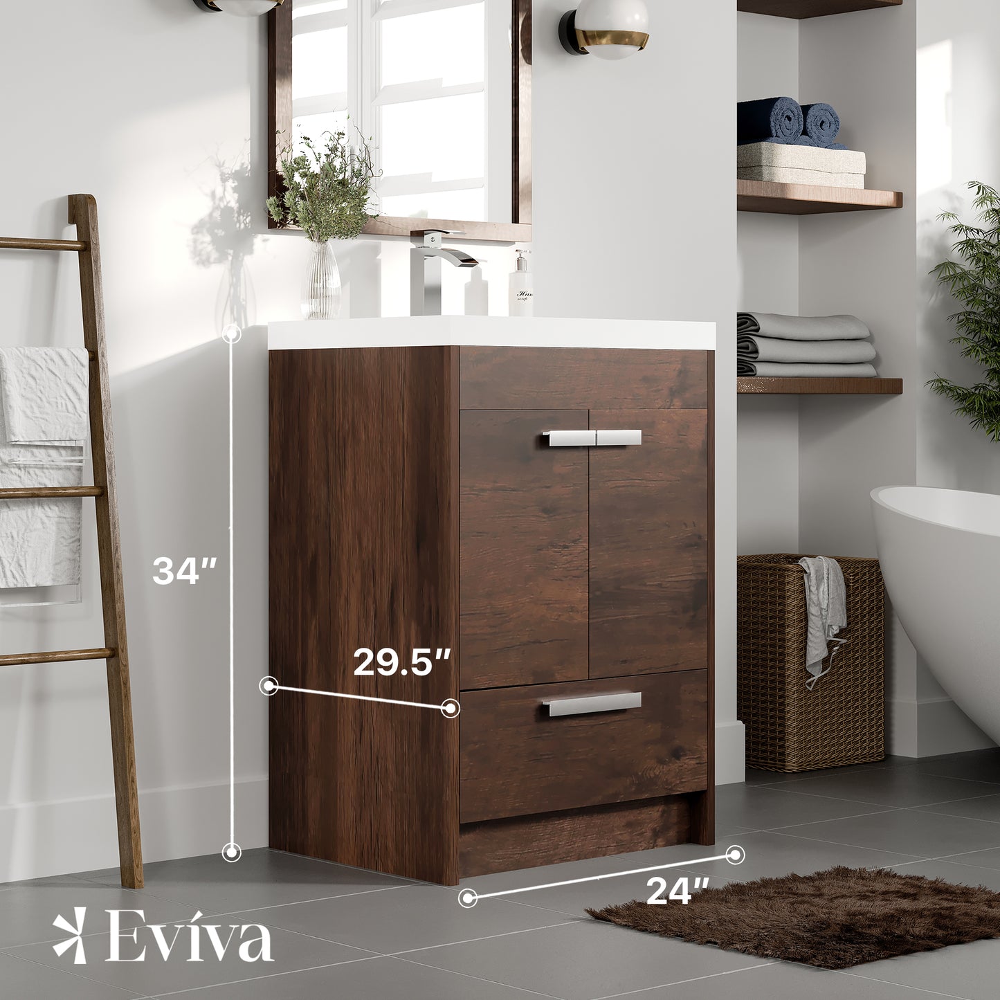 Eviva Lugano 24" Rosewood Modern Bathroom Vanity w/ White Integrated Top