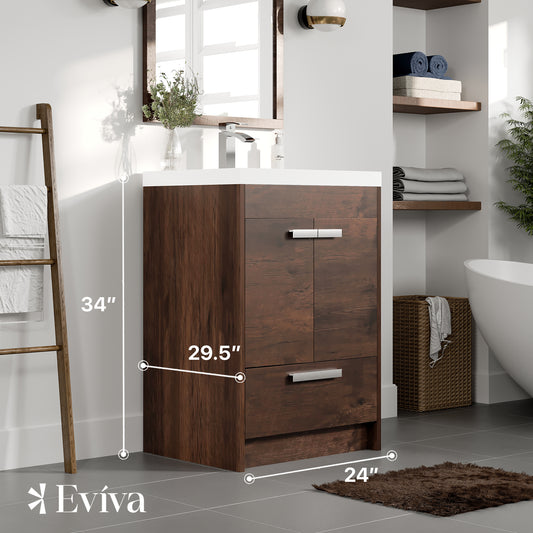 Eviva Lugano 24" Rosewood Modern Bathroom Vanity w/ White Integrated Top