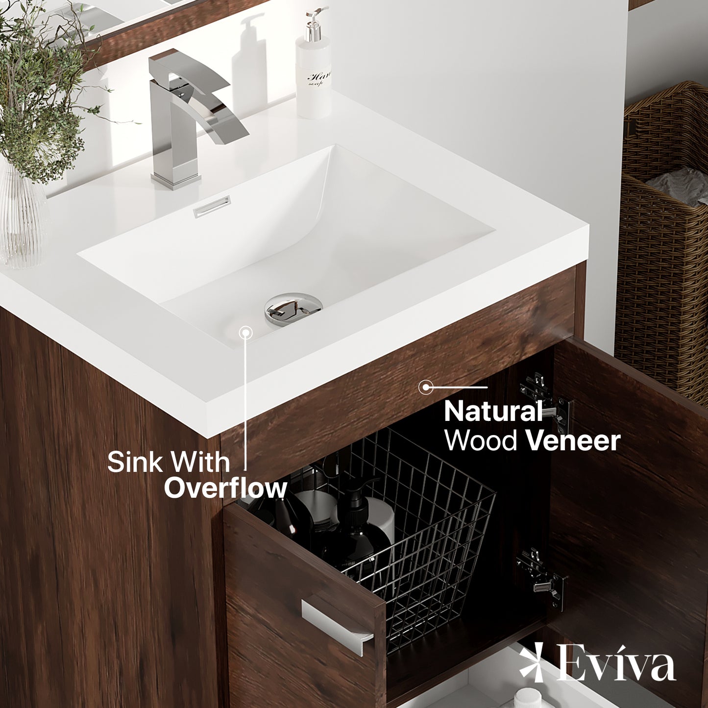 Eviva Lugano 24" Rosewood Modern Bathroom Vanity w/ White Integrated Top