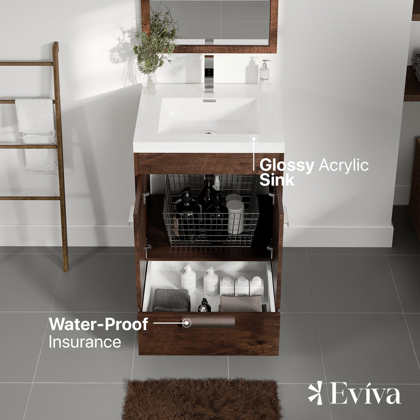 Eviva Lugano 24" Rosewood Modern Bathroom Vanity w/ White Integrated Top