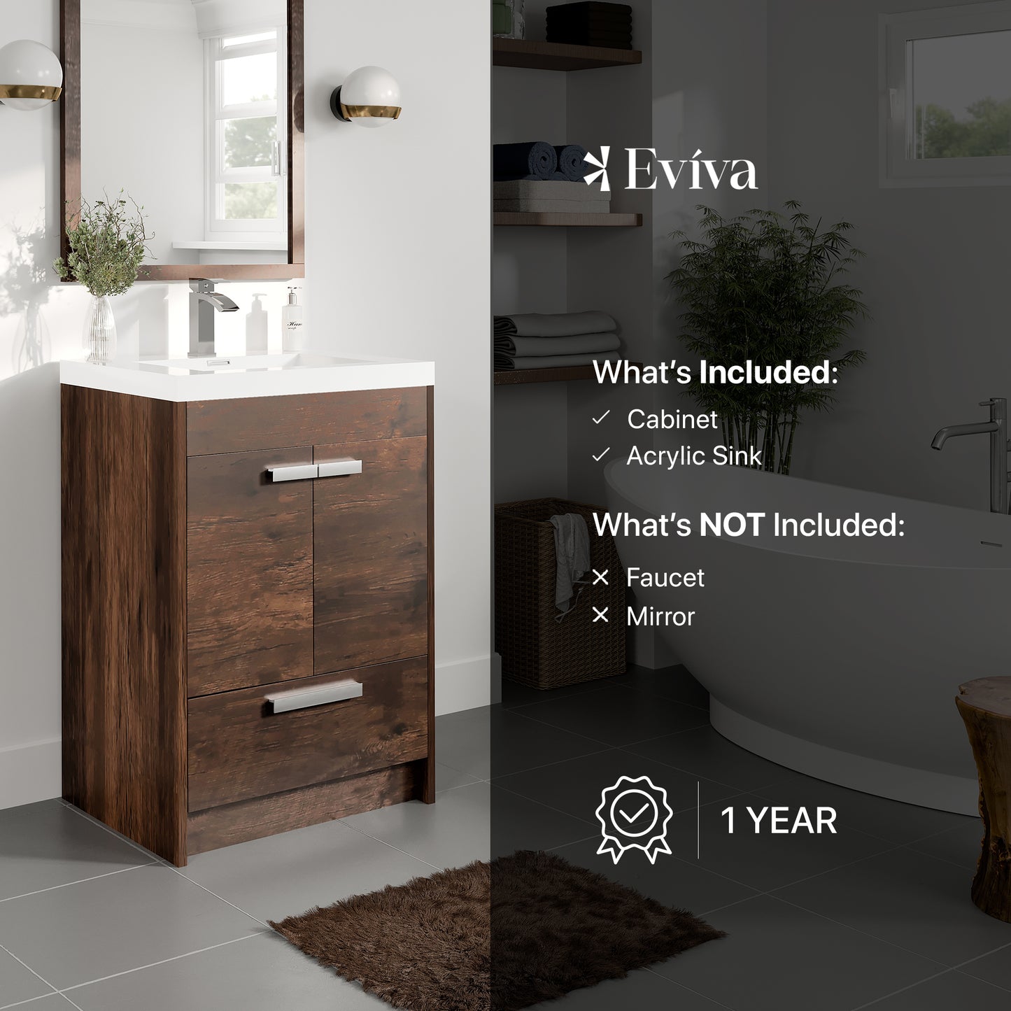 Eviva Lugano 24" Rosewood Modern Bathroom Vanity w/ White Integrated Top