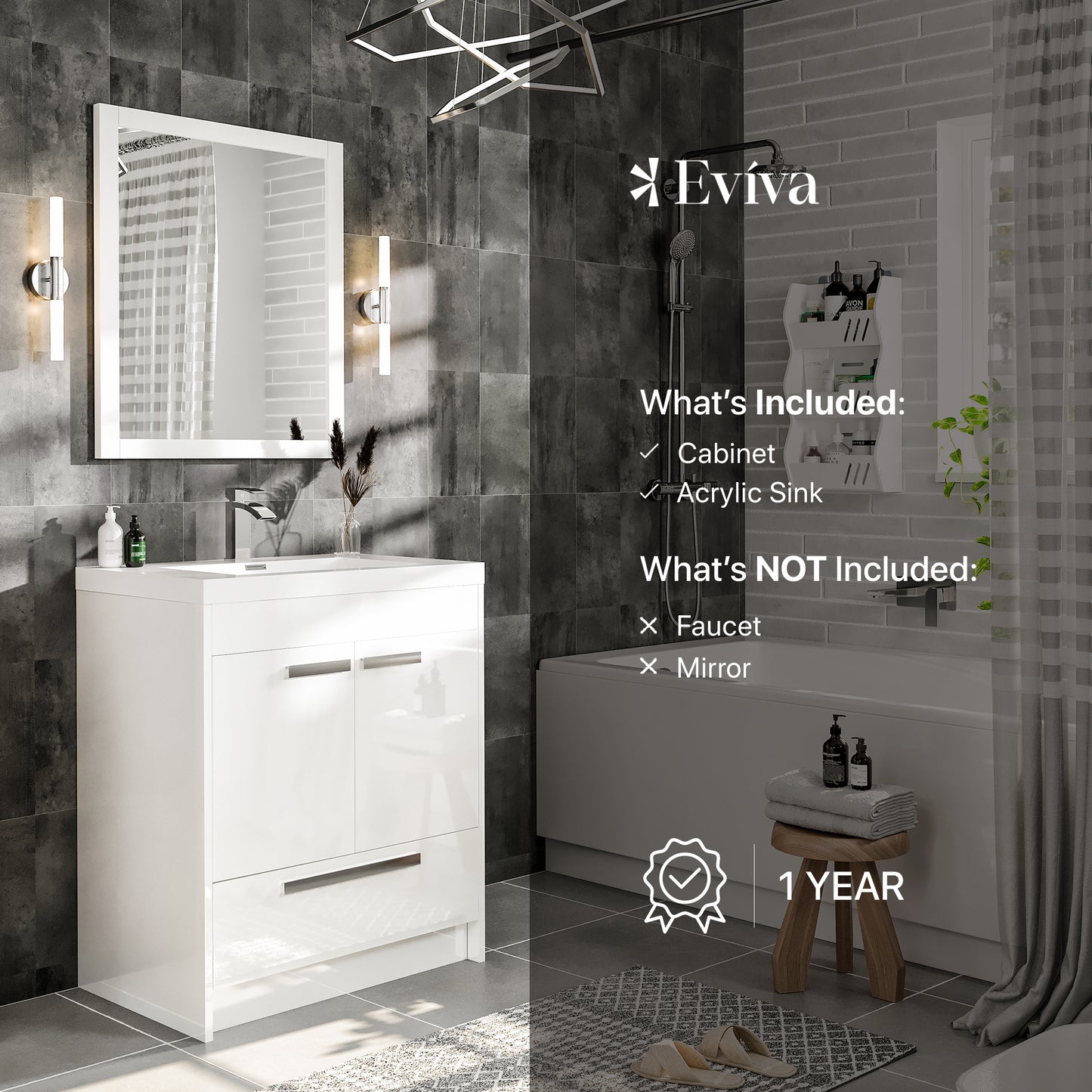 Eviva Lugano 24" White Modern Bathroom Vanity with White Integrated Acrylic Sink