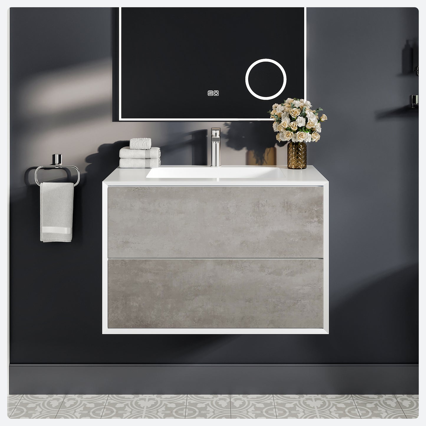 Vienna 36"W x 19"D Concrete Gray Wall Mount Bathroom Vanity with White Acrylic Countertop and Integrated Sink