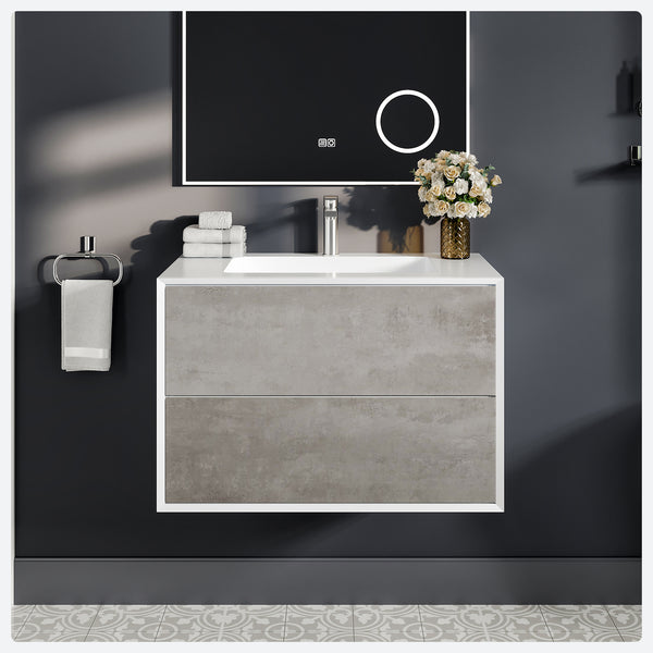 Vienna 36W x 19D Concrete Gray Wall Mount Bathroom Vanity with White Acrylic Countertop and Integrated Sink