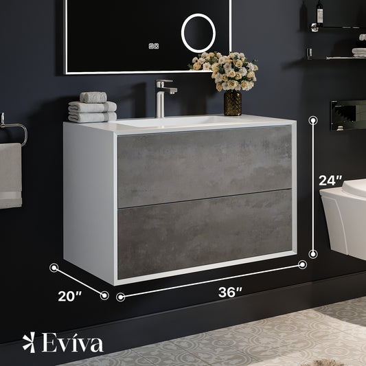 Vienna 36"W x 19"D Concrete Gray Wall Mount Bathroom Vanity with White Acrylic Countertop and Integrated Sink