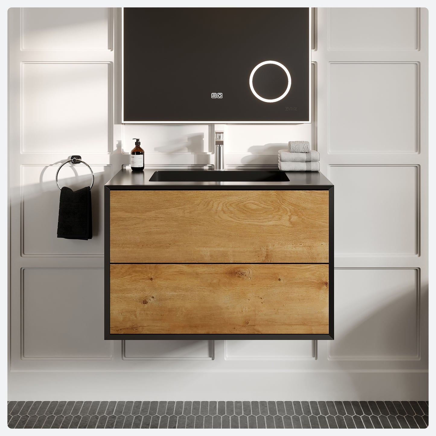 Vienna 36"W x 19"D Oak Wall Mount Bathroom Vanity with Black Acrylic Countertop and Integrated Sink