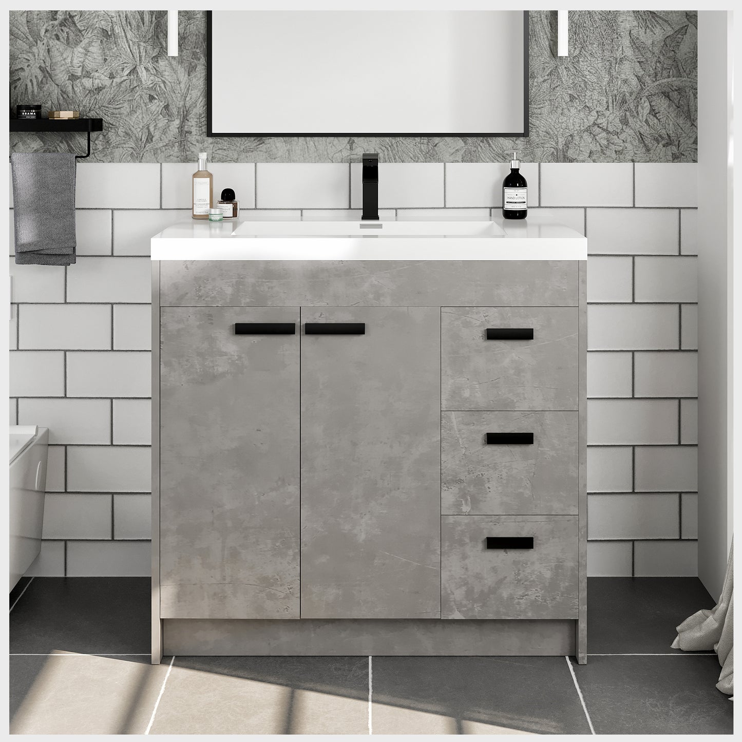 Lugano 36"W x 20"D Cement Gray Bathroom Vanity with White Acrylic Countertop and Integrated Sink