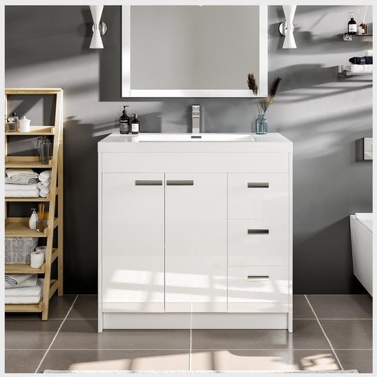 Lugano 36"W x 20"D White Bathroom Vanity with White Acrylic Countertop and Integrated Sink