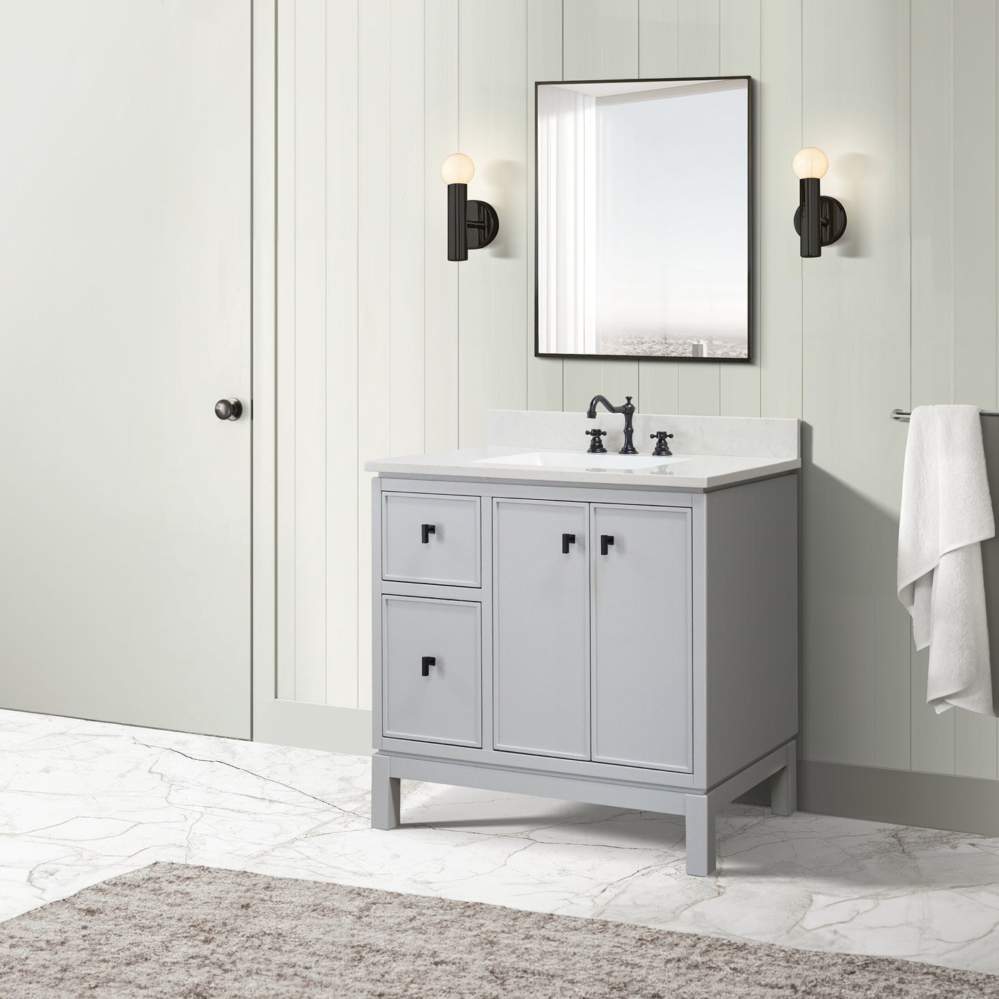 37 in. Single Sink Vanity in French Gray with Engineered Quartz Top