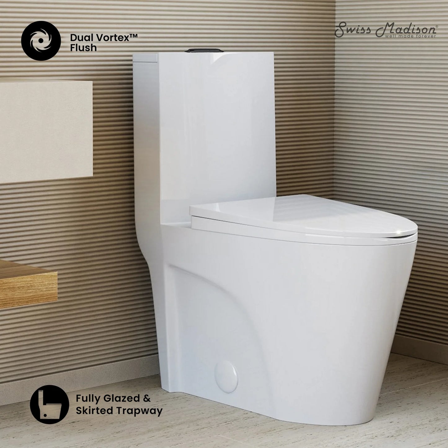 St. Tropez One-Piece Elongated Toilet Vortex Dual-Flush 1.1/1.6 gpf in glossy white with Black Hardware