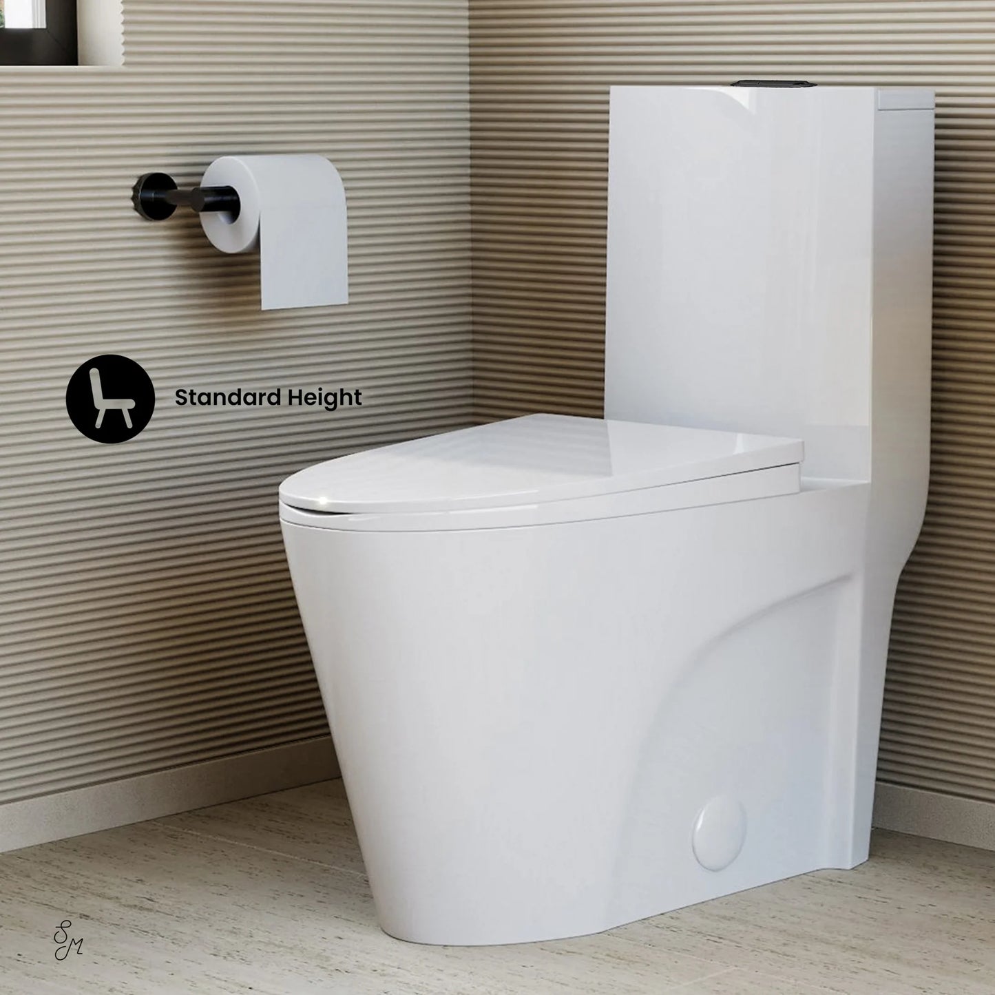 St. Tropez One-Piece Elongated Toilet Vortex Dual-Flush 1.1/1.6 gpf in glossy white with Black Hardware