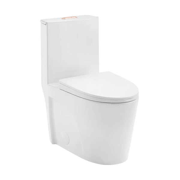 St. Tropez One-Piece Elongated Toilet Vortex Dual-Flush 1.1/1.6 gpf in glossy white with Rose Gold Hardware