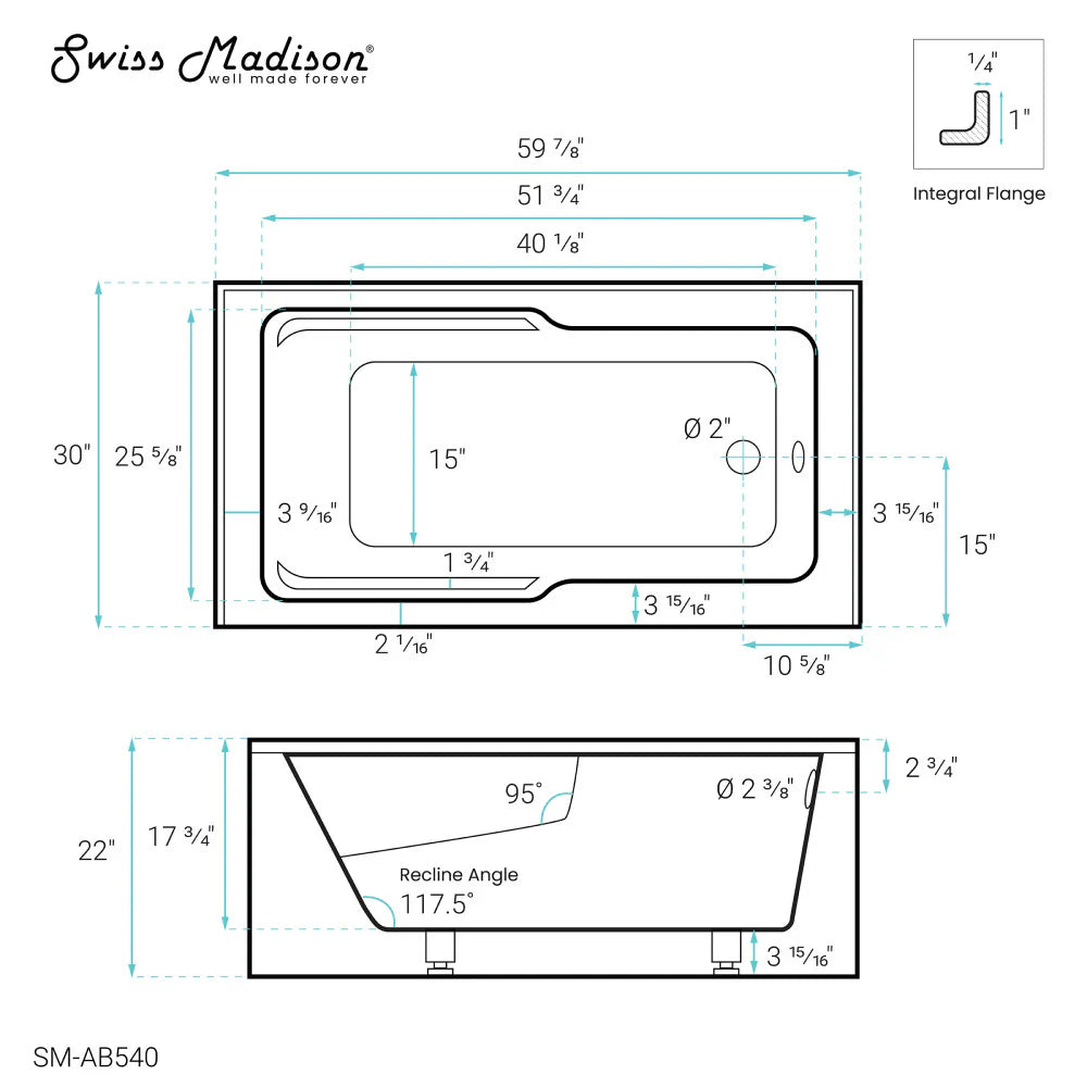 Voltaire 60" x 30" Right-Hand Drain Alcove Bathtub with Apron and Armrest