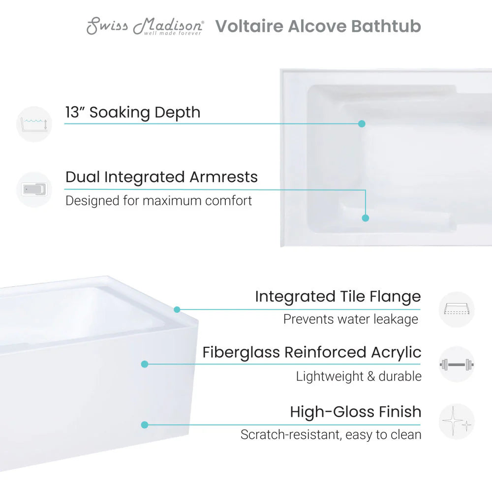 Voltaire 60" x 30" Left-Hand Drain Alcove Bathtub with Apron and Armrest In Glossy White