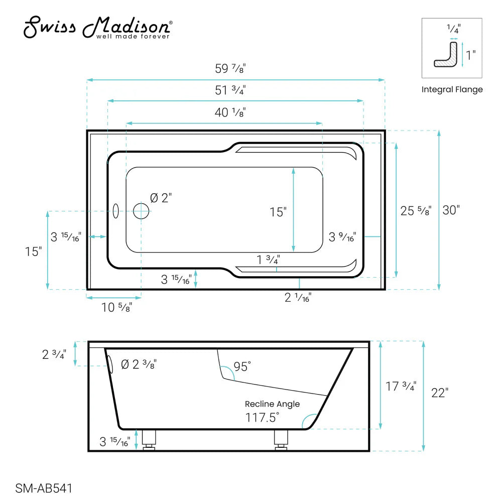 Voltaire 60" x 30" Left-Hand Drain Alcove Bathtub with Apron and Armrest In Glossy White