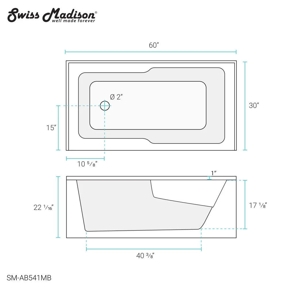 Voltaire 60" x 30" Left-Hand Drain Alcove Bathtub with Apron in Matte Black