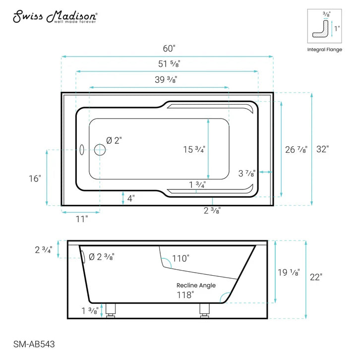 Voltaire 60" x 32" Left-Hand Drain Alcove Bathtub with Apron and Armrest in Glossy White