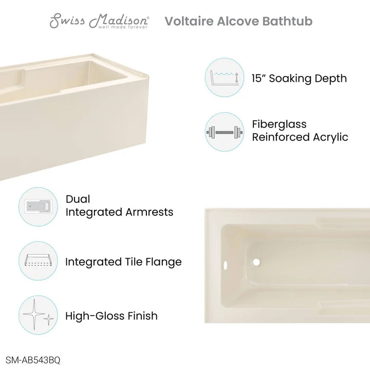 Voltaire 60" x 32" Right-Hand Drain Alcove Bathtub with Apron in Bisque