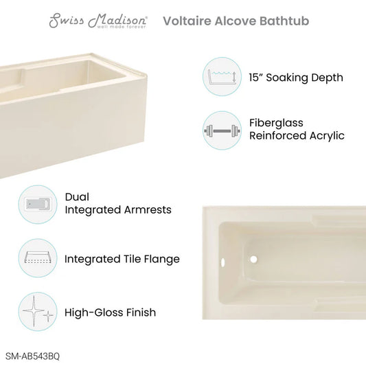 Voltaire 60" x 32" Right-Hand Drain Alcove Bathtub with Apron in Bisque