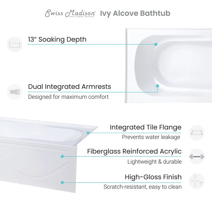 Ivy 60" x 30" Right-Hand Drain Alcove Bathtub with Apron