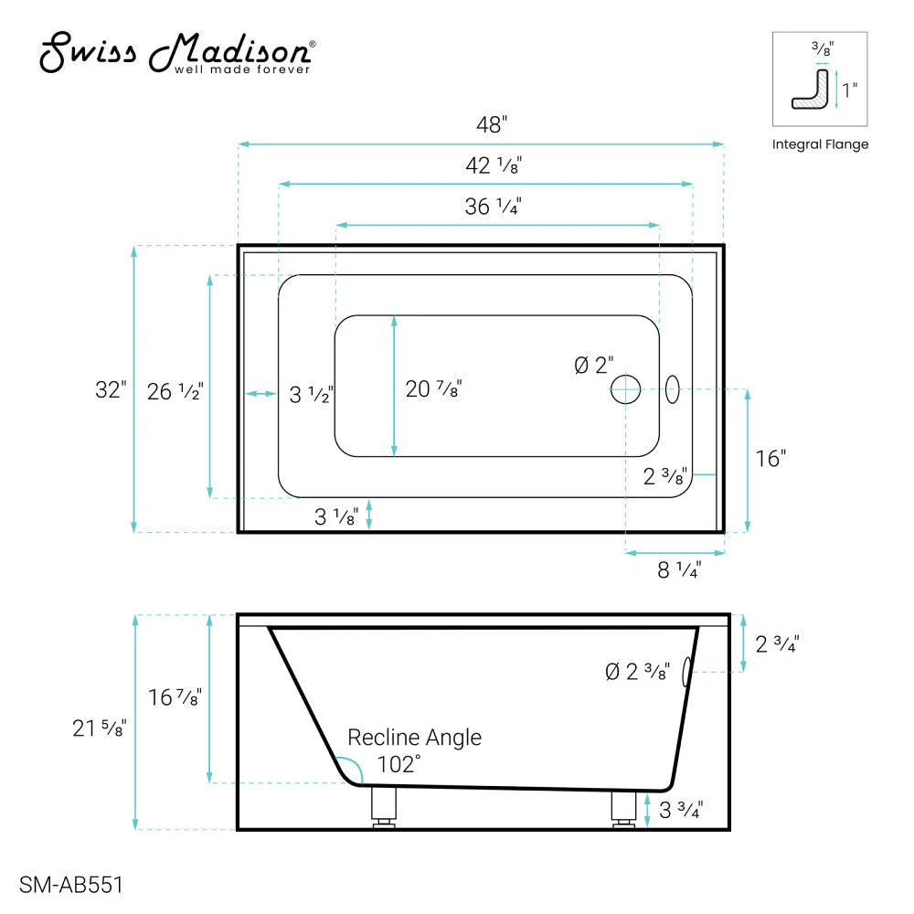 Voltaire 48" x 32" Right-Hand Drain Alcove Bathtub with Apron in Glossy White