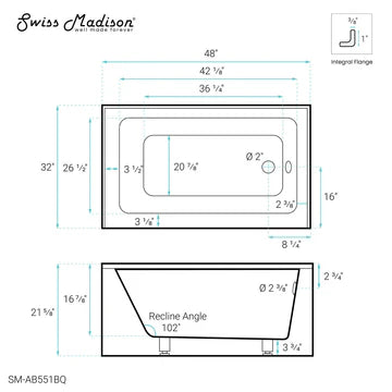 Voltaire 48" x 32" Right-Hand Drain Alcove Bathtub with Apron in Bisque