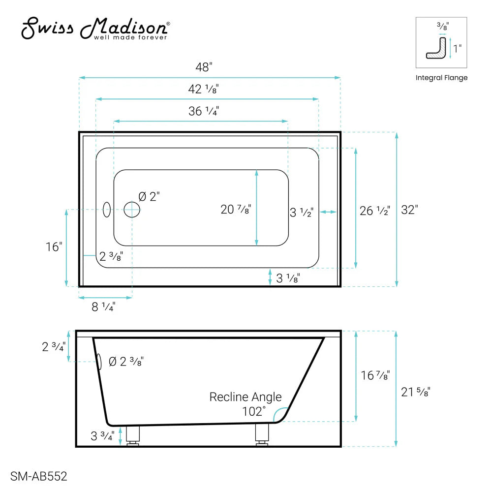 Voltaire 48" x 32" Left-Hand Drain Alcove Bathtub with Apron in Glossy White