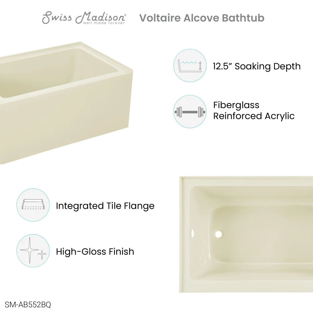 Voltaire 48" x 32" Left-Hand Drain Alcove Bathtub with Apron in Bisque