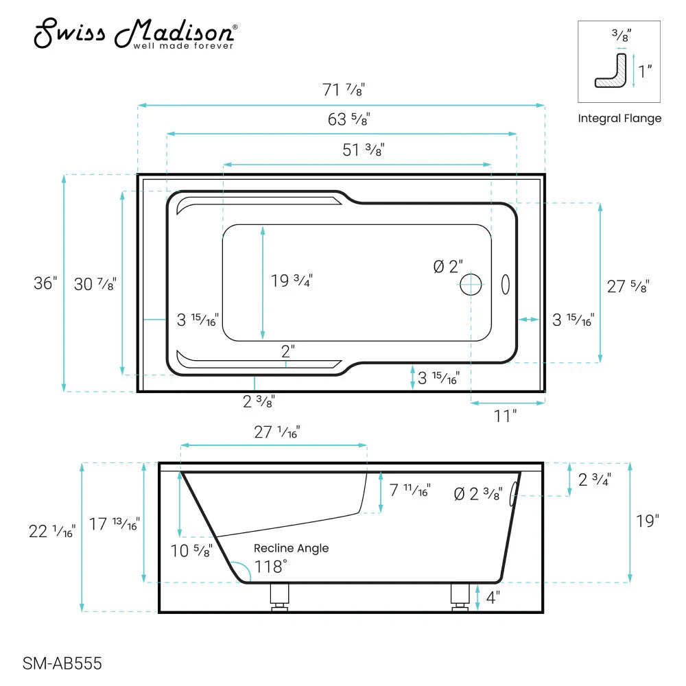 Voltaire 60" x 30" Left-Hand Drain Alcove Bathtub with Apron and Armrest In Glossy White