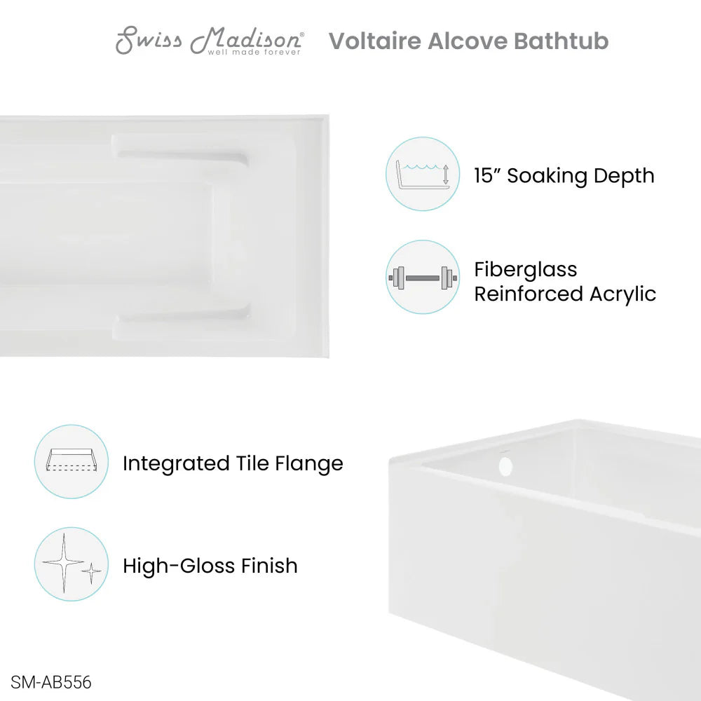 Voltaire 72" x 36" Right-Hand Drain Alcove Bathtub with Apron and Armrest