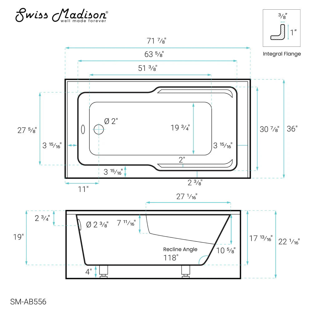 Voltaire 72" x 36" Left-Hand Drain Alcove Bathtub with Apron and Armrest