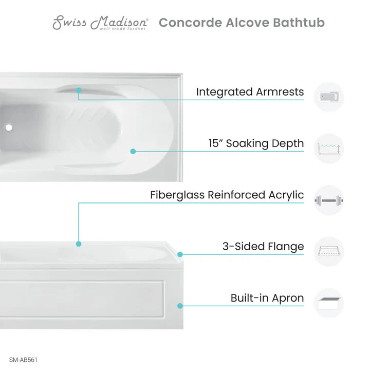 Concorde 60" x 32" Acrylic Glossy White, Alcove, Integral, Left-Hand Drain, Apron Bathtub