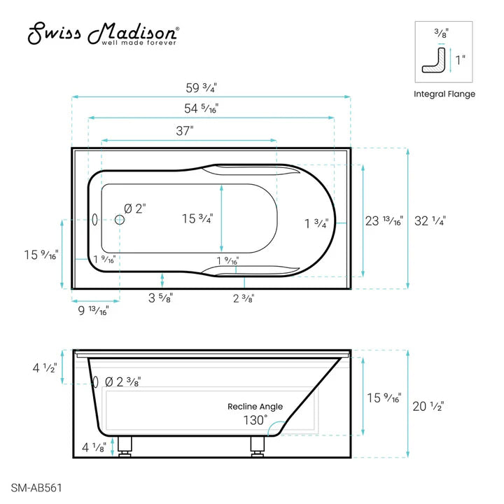 Concorde 60" x 32" Acrylic Glossy White, Alcove, Integral, Left-Hand Drain, Apron Bathtub