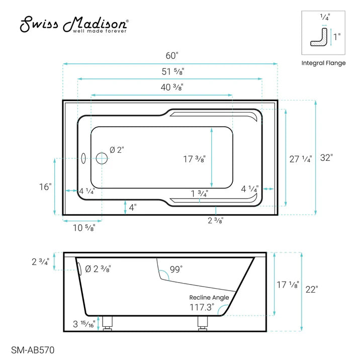 Claire 60" x 32" Right-Hand Drain Drain Alcove Tub with Corner Apron