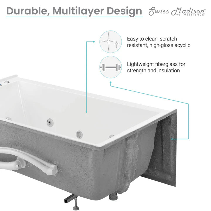 Avancer 60" x 36" Right-Hand Drain Rectangular Alcove Whirlpool Bathtub with Apron