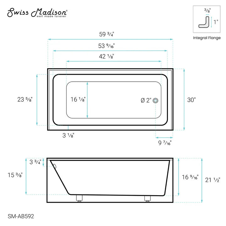 Voltaire 60" x 30" Right-Hand Drain Alcove Bathtub with Apron