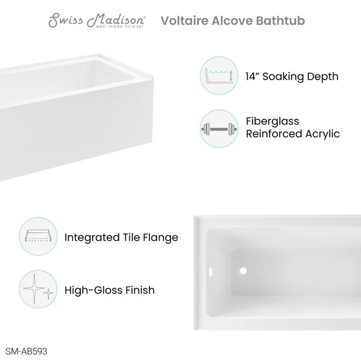 Voltaire 60" x 30" Right-Hand Drain Alcove Bathtub with Apron