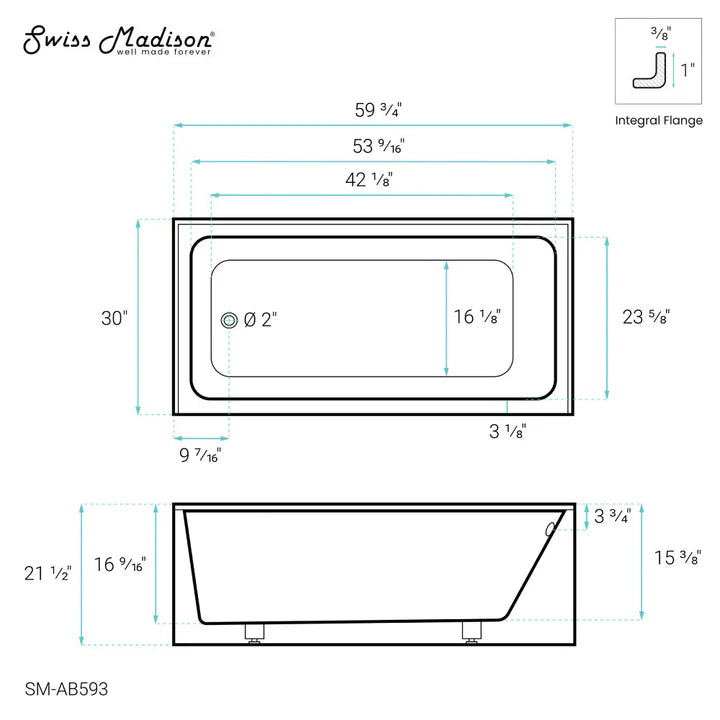 Voltaire 60" x 30" Left-Hand Drain Alcove Bathtub with Apron