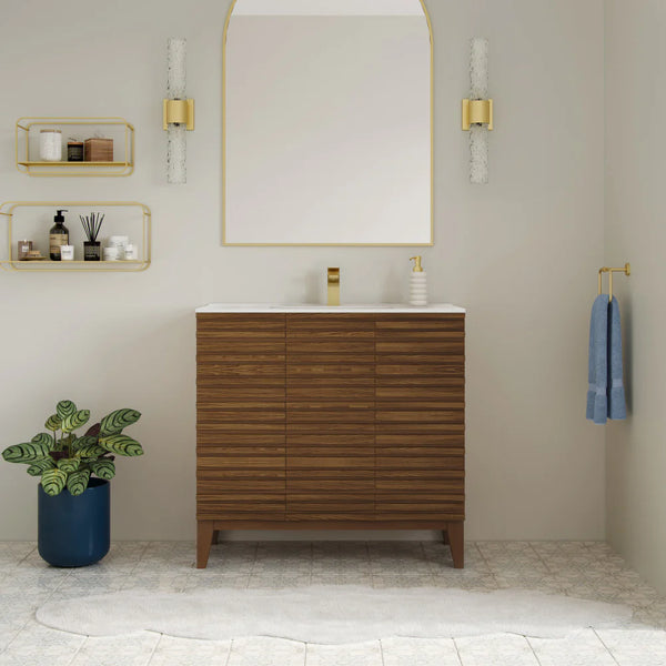 Cascade 36 Brown oak Bath Vanity With White Ceramic Sink Top