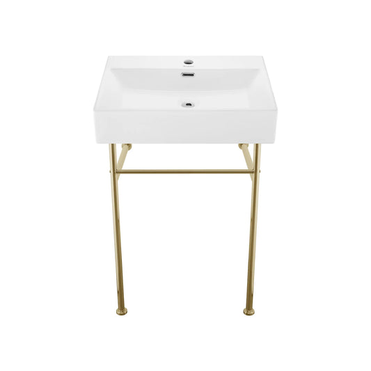 Claire 24 Ceramic Console Sink White Basin Brushed Gold Legs