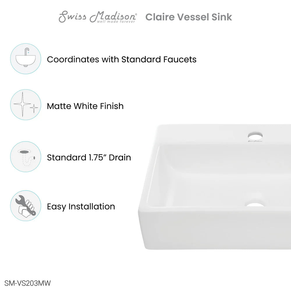 Claire 20 Rectangle Ceramic Vessel Sink, Matte White