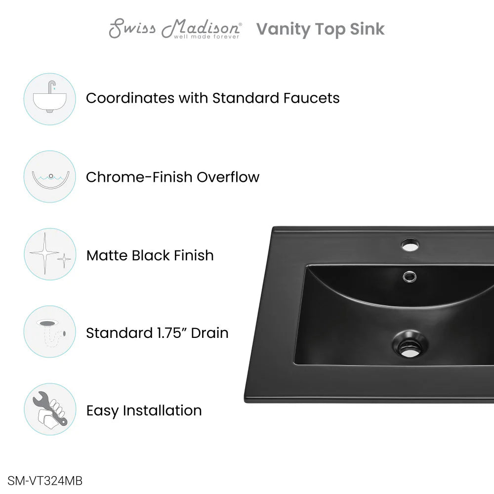 24" Ceramic Vanity Top with Single Faucet Hole in Matte Black