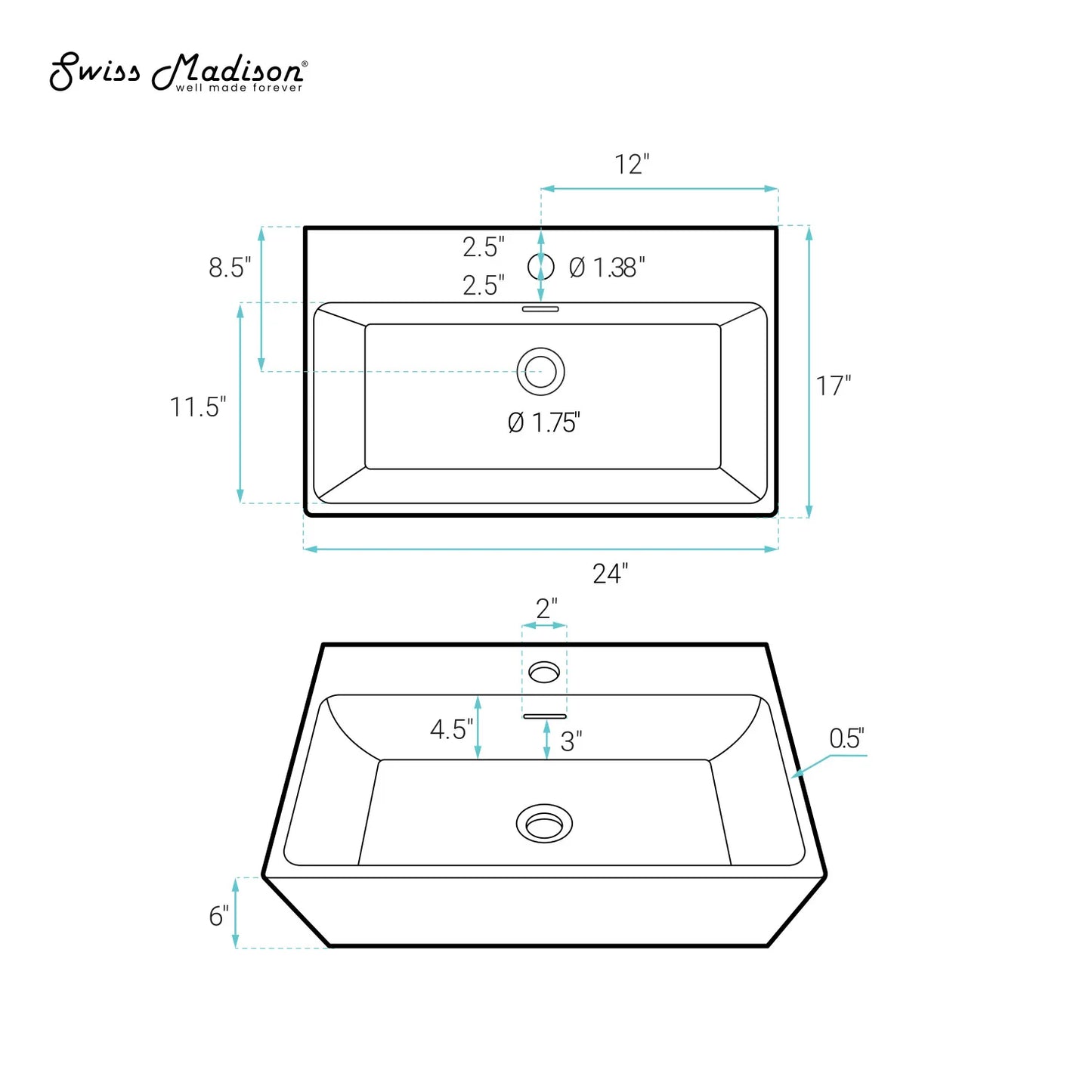 Claire 24" Rectangle Wall-Mount Bathroom Sink in Matte Black